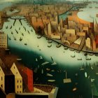 Vivid painting of New York City with old sailing ships and modern skyscrapers