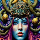 Colorful digital artwork: Woman with purple hair, blue skin, and intricate golden serpent headdress.