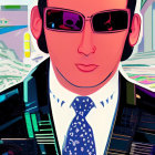 Abstract digital art of person with sunglasses and patterned tie on vibrant background