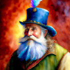 Illustrated gentleman in blue hat with feather, white and blue beard, green vest on fiery background