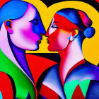 Colorful stylized faces in profile on vibrant background with heart-like shapes