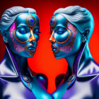 Stylized figures with blue skin and elaborate faces on red background