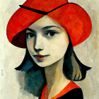 Vibrant portrait of woman with blue eyes and red lipstick in red hat on yellow background