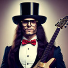 Character illustration with top hat, mustache, bow tie, glasses, electric guitar on gradient background
