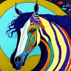 Vibrant abstract art of striped horse on celestial backdrop