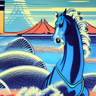 Stylized horse with Japanese wave patterns and Mount Fuji in ukiyo-e style