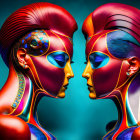 Vibrant humanoid figures in futuristic art against teal backdrop
