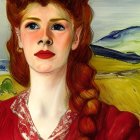 Woman with Red Hair in Braids Wearing Red Dress against Painted Landscape