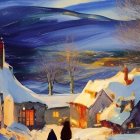Snowy village path with two people walking at twilight