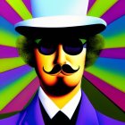 Vibrant illustration of a stylized man with exaggerated mustache in suit and top hat