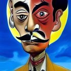 Colorful caricature of a man with mustache and suit, wearing a cravat