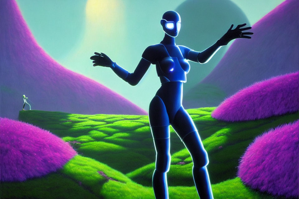 Stylized image of humanoid figure with glowing lines on green landscape