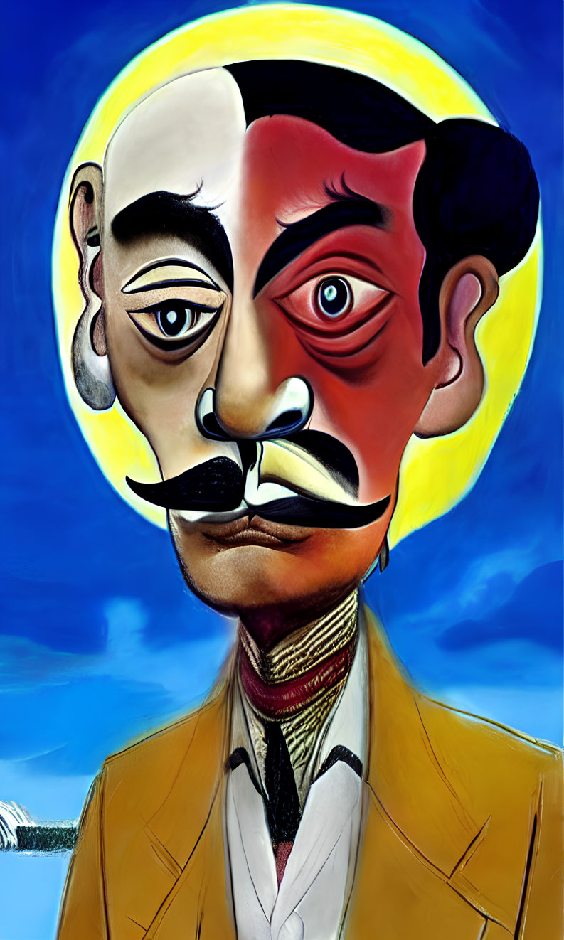 Colorful caricature of a man with mustache and suit, wearing a cravat
