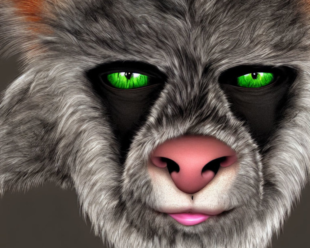 Realistic 3D Feline Face with Green Eyes and Grey Fur
