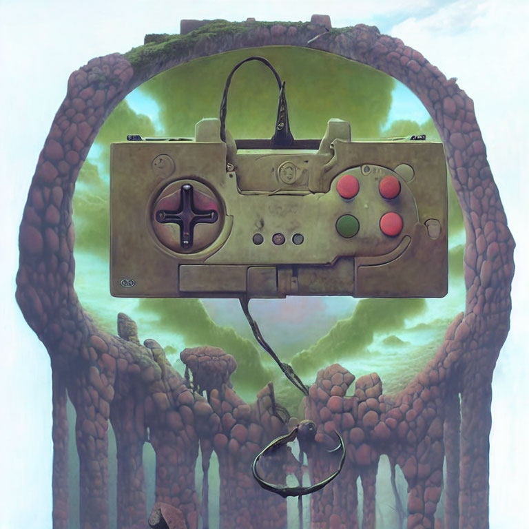 Surreal painting of video game controller in stone archway