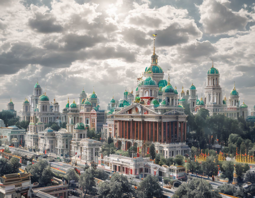 Historical buildings with green domes and classical architecture under dramatic sky