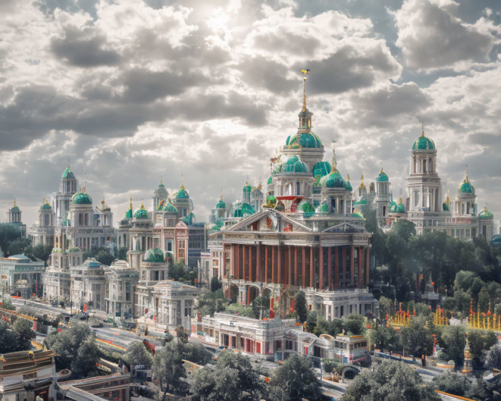 Historical buildings with green domes and classical architecture under dramatic sky