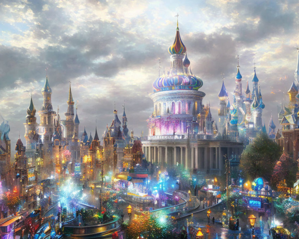 Fantastical cityscape at dusk with illuminated buildings and onion-domed structure