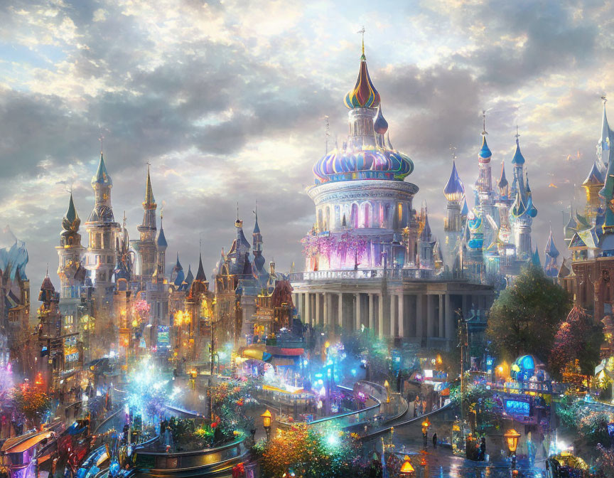 Fantastical cityscape at dusk with illuminated buildings and onion-domed structure
