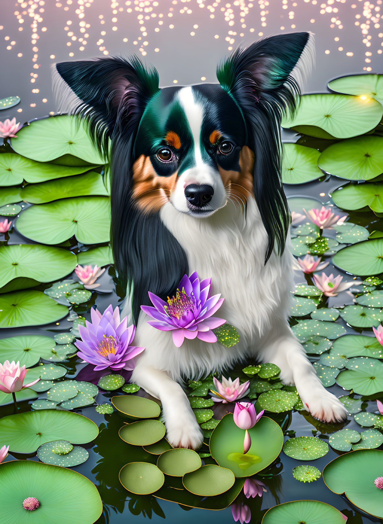 Tricolor Papillon Dog in Water Lily Pond Landscape