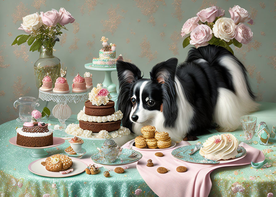 Black and white dog next to table with desserts and floral backdrop