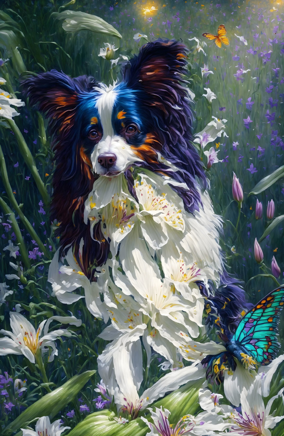 Vibrant Border Collie Painting with Flowers and Butterflies