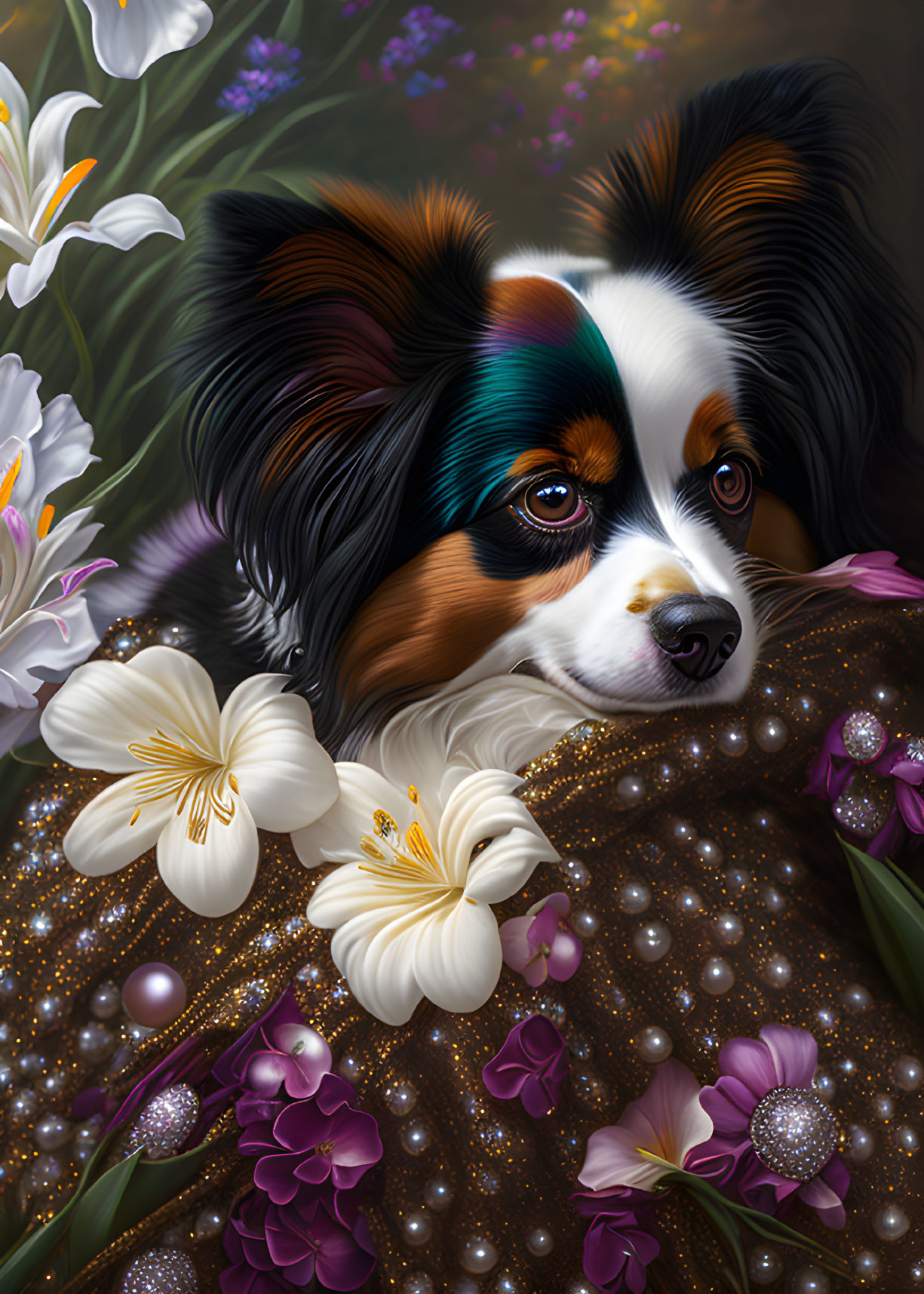 Vibrant Papillon Dog Illustration with Flowers and Decorative Elements