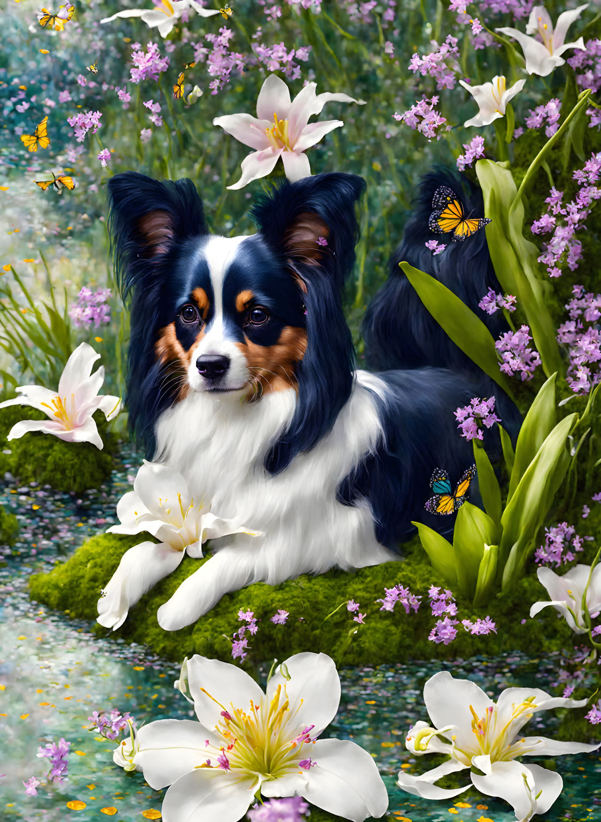 Tricolor Papillon Dog Surrounded by Vibrant Flowers and Butterflies