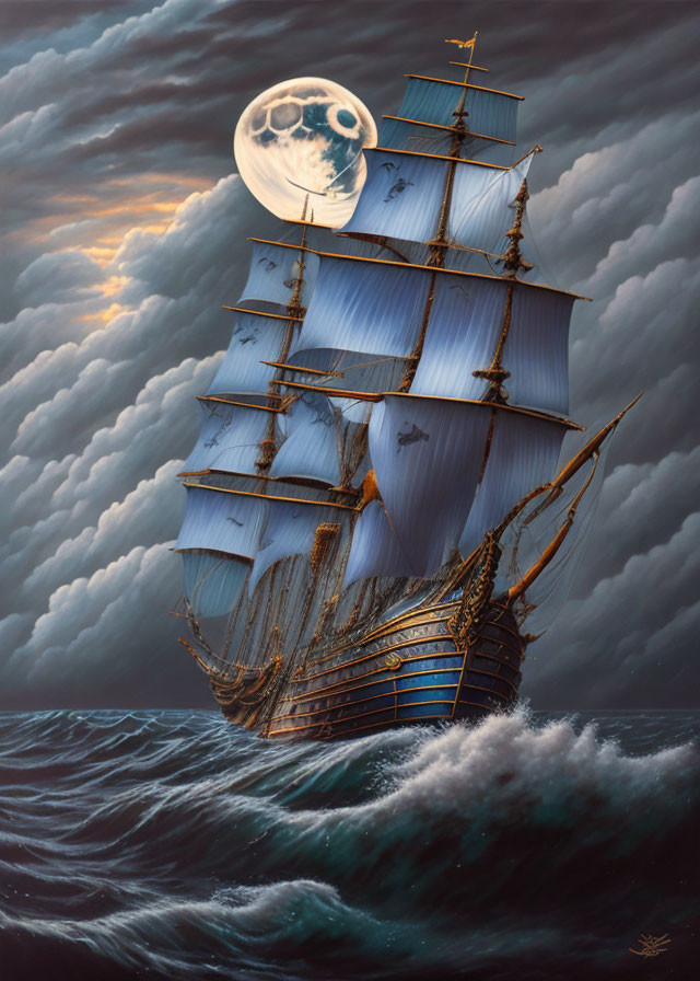 Majestic sailing ship with blue sails in turbulent seas at night