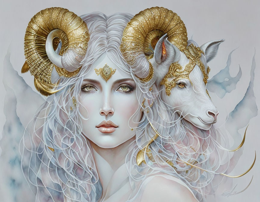 Fantasy art of a woman with ram horns and regal white ram
