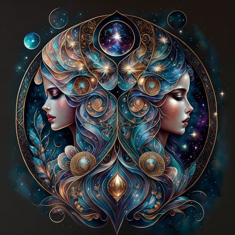 Symmetrical cosmic and floral female profiles in circular frame