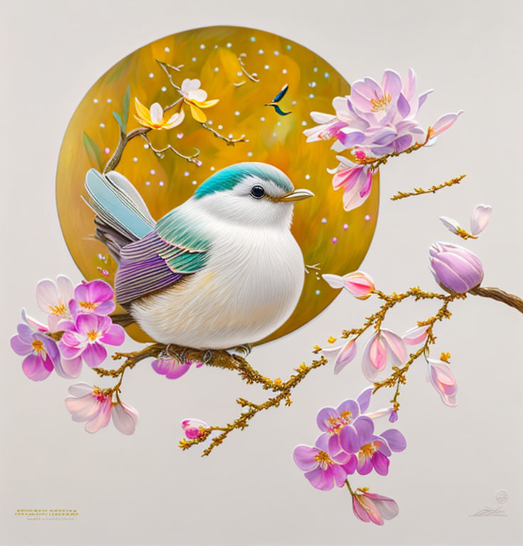 Colorful Bird Perched on Branch with Pink Blossoms in Gold Background