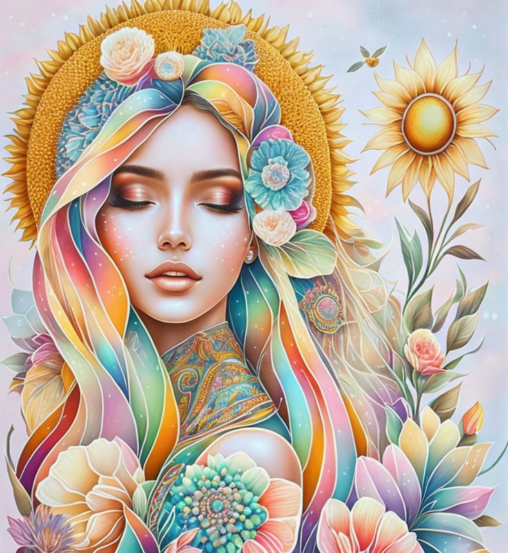 Vibrant woman illustration with sunflower halo, rainbow hair, tattoos, and floral backdrop