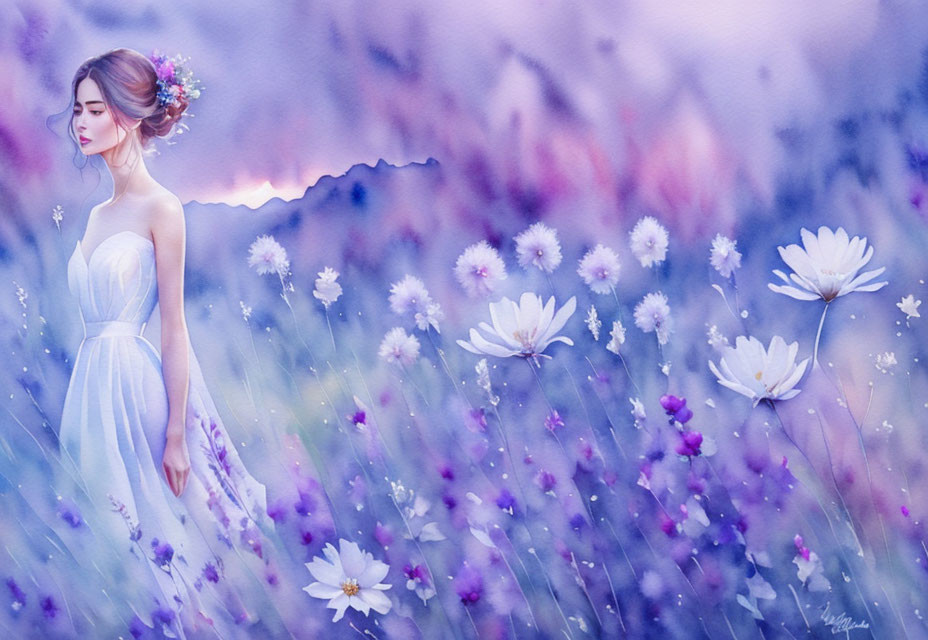 Woman in White Dress Surrounded by Purple Flowers