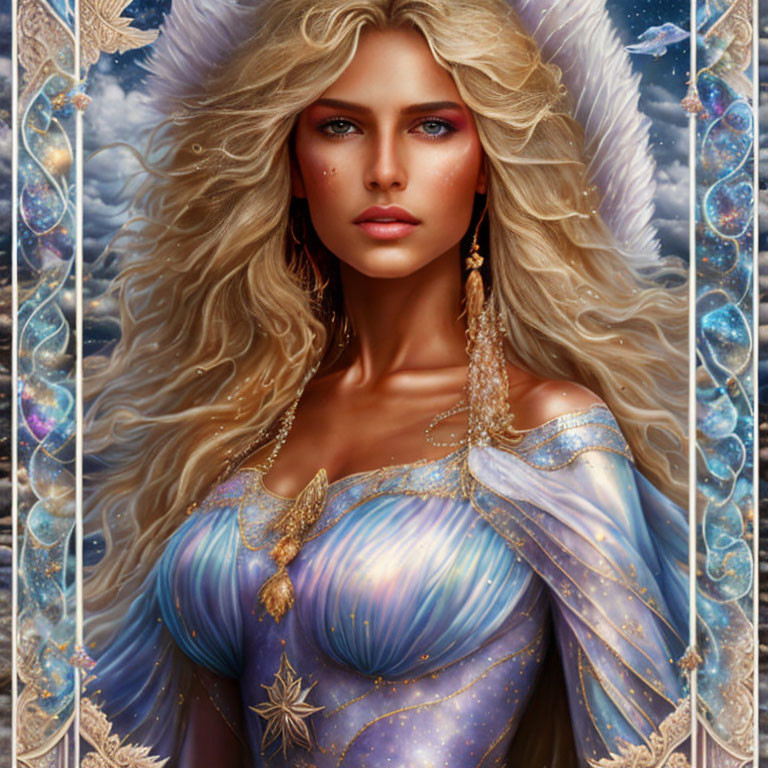 Blond-haired woman in celestial attire with mystical aura and feather & jewel elements