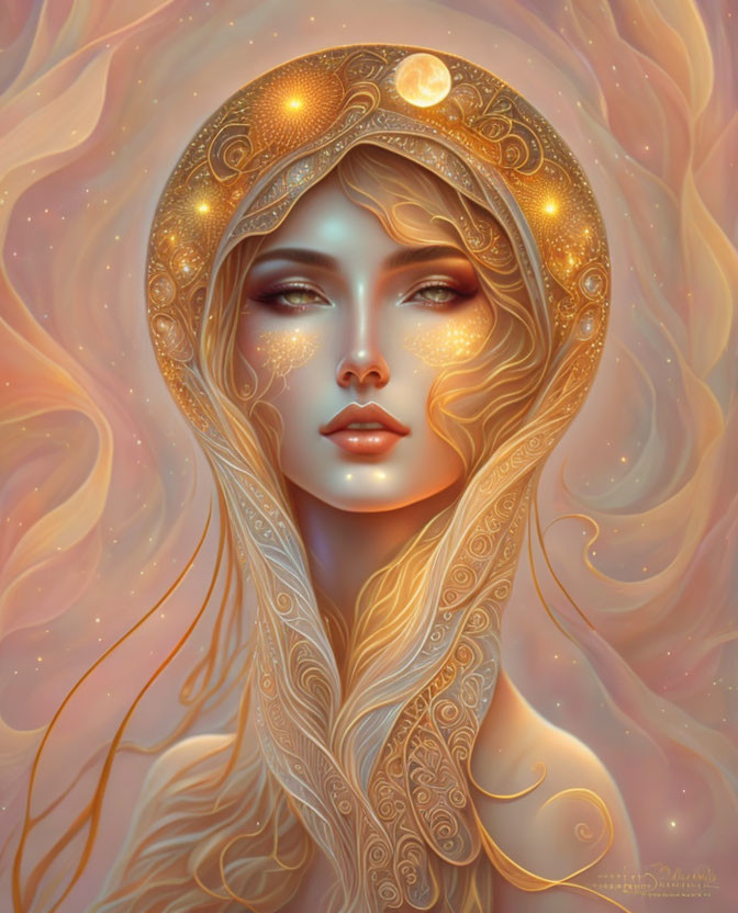 Ethereal female figure with golden headpiece in cosmic backdrop