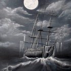 Majestic sailing ship with blue sails in turbulent seas at night