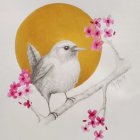 Colorful Bird Perched on Branch with Pink Blossoms in Gold Background