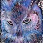 Colorful Owl Illustration with Blue and Purple Feathers and Pink Roses