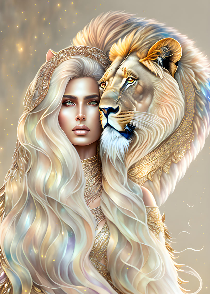 Blonde Woman with Lion in Golden Adornments on Starry Background