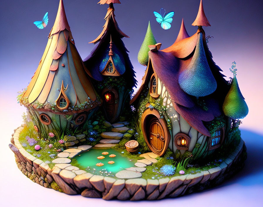 Illustration of Vibrant Fairy-Tale Cottage with Butterflies