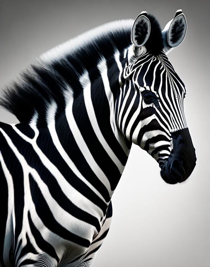 Detailed black and white zebra stripes on grey background, facing left with perked ears