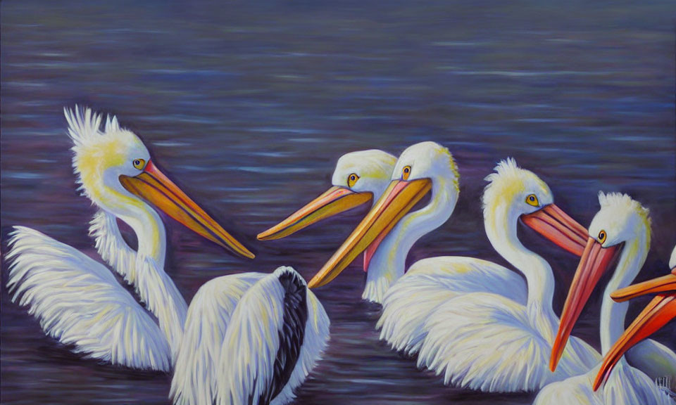 Five White Pelicans Painting on Dark Blue Background