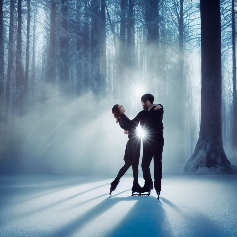 Ice Skaters Performing in Spotlight on Frozen Forest Pond at Twilight