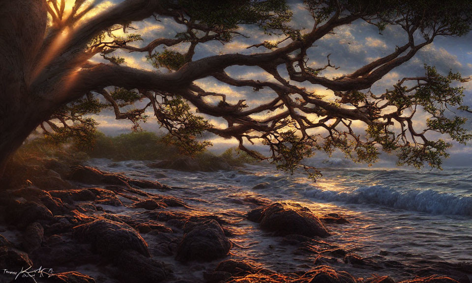 Majestic tree with sprawling branches against rocky shoreline at golden sunset