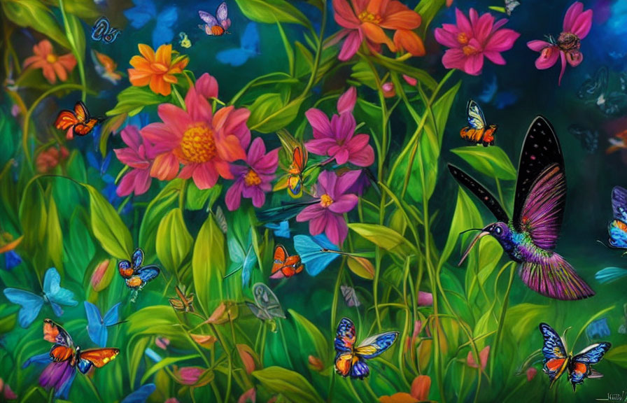 Colorful Floral Painting with Butterflies and Hummingbird