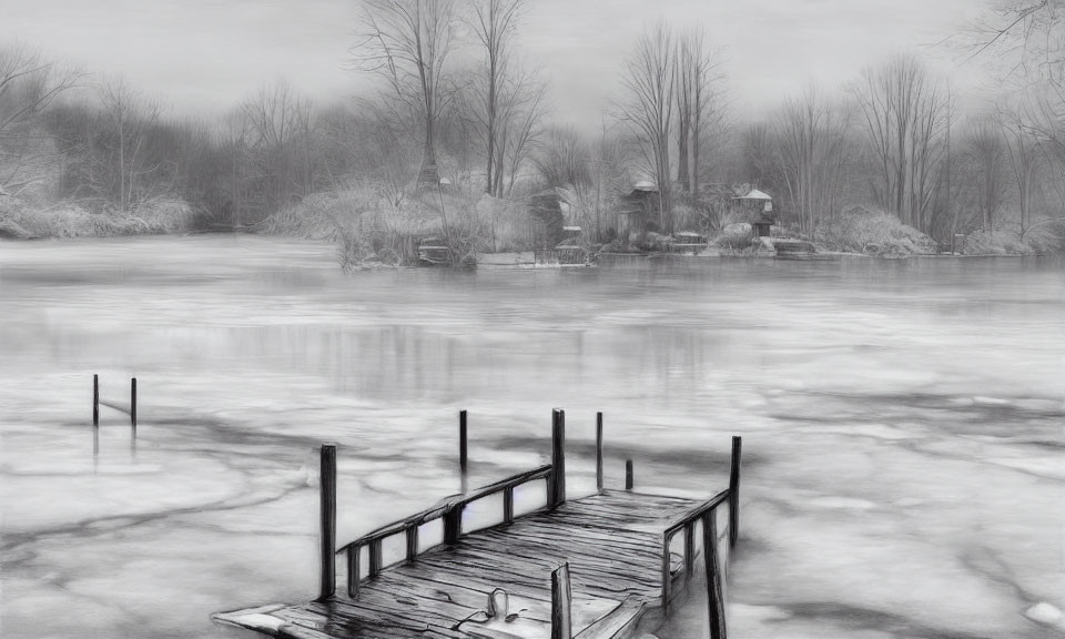 Serene monochrome frozen lake with dock and misty background