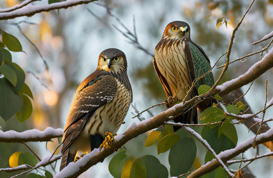 Two hawks perched on branch in forest sunlight
