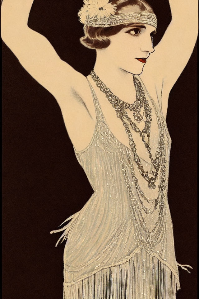 1920s flapper in beaded dress with raised arms
