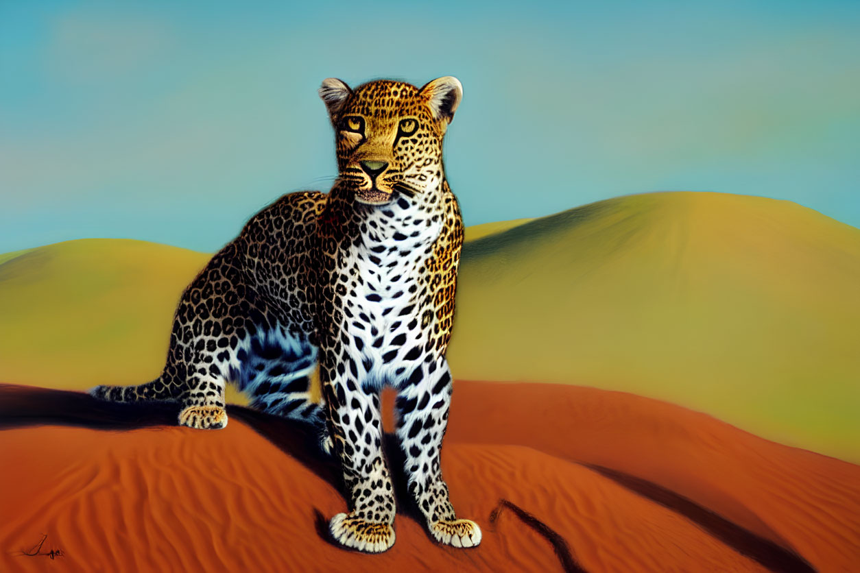 Leopard on Sand Dune with Golden and Blue Background